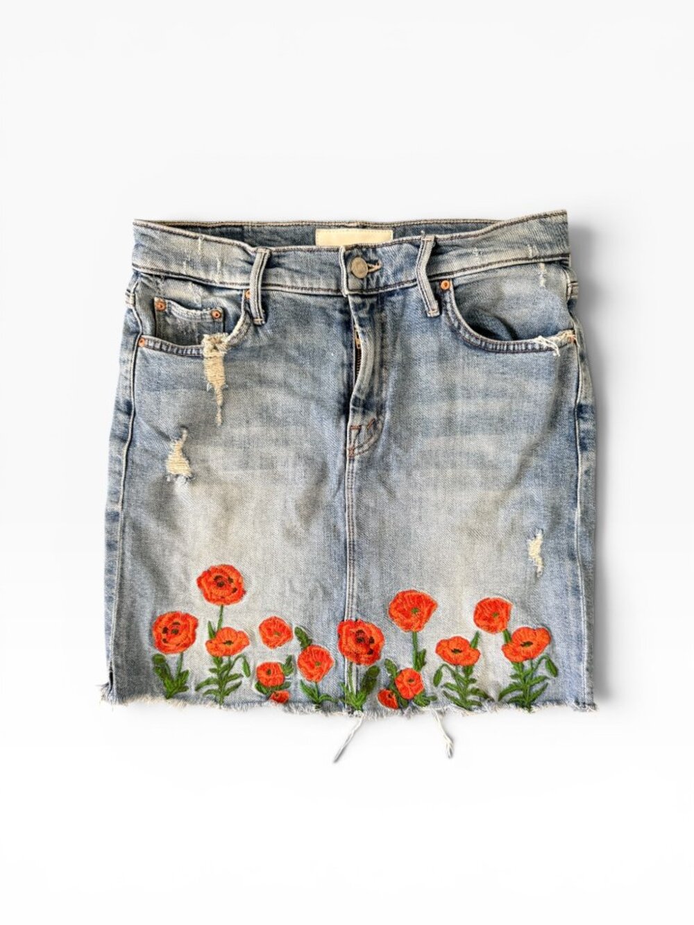 MOTHER High Waist Straight Mini Fray- Denim Skirt- 28- Embroidered Pink Flowers